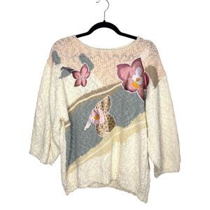 Vintage Alyssa Brooke II Women’s OS Floral Sweater Cream 3/4 Sleeve 90s